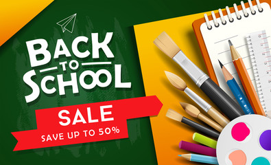 Back to school vector, school supplies for sale design on green and yellow background, illustration