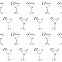 Daiquiri Cocktail in a glass. Seamless pattern of cocktails. Monochrome sketch, hand drawing. Outline, doodle. Vector illustration. EPS10
