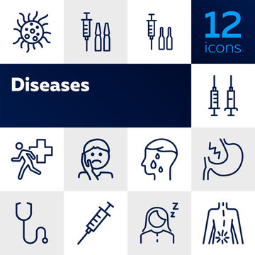 Diseases line icon set. Set of line icons on white background. Healthcare concept. Syringe, injection, bacteria, person, pain. Vector illustration can be used for topics like medicine, health