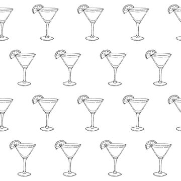 Daiquiri Cocktail in a glass. Seamless pattern of cocktails. Monochrome sketch, hand drawing. Outline, doodle. Vector illustration. EPS10