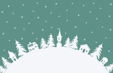 Christmas background. Winter village. Fairy tale winter landscape. There are white houses and fir trees on a turquoise background in the image. There is a place for text. Vector illustration