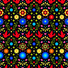 Colorful mexican flowers, leaves and birds on dark background. Traditional seamless pattern for fiesta party. Floral folk art design from Mexico. Mexican folklore ornament.
