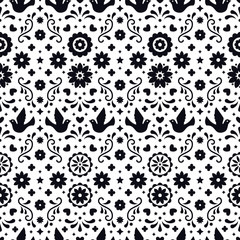 Mexican flowers, leaves and birds. Traditional seamless pattern for fiesta party. Floral folk art design from Mexico. Mexican folklore ornament. Black and white background.