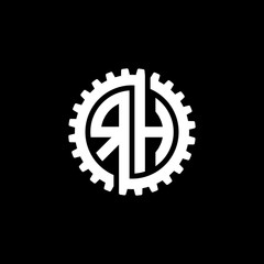 Initial letter R and H, RH, interlock cogwheel gear monogram logo, white color on black background