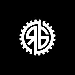 Initial letter R and G, RG, interlock cogwheel gear monogram logo, white color on black background