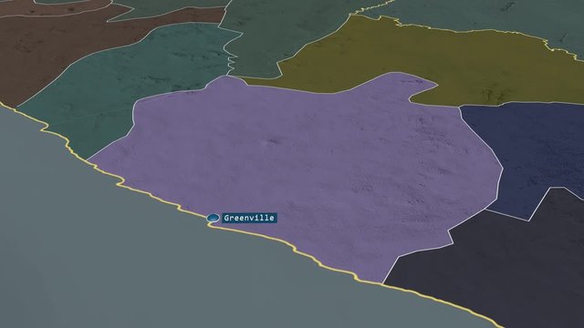 Sinoe - county of Liberia with its capital zoomed on the administrative map of the globe. Animation 3D