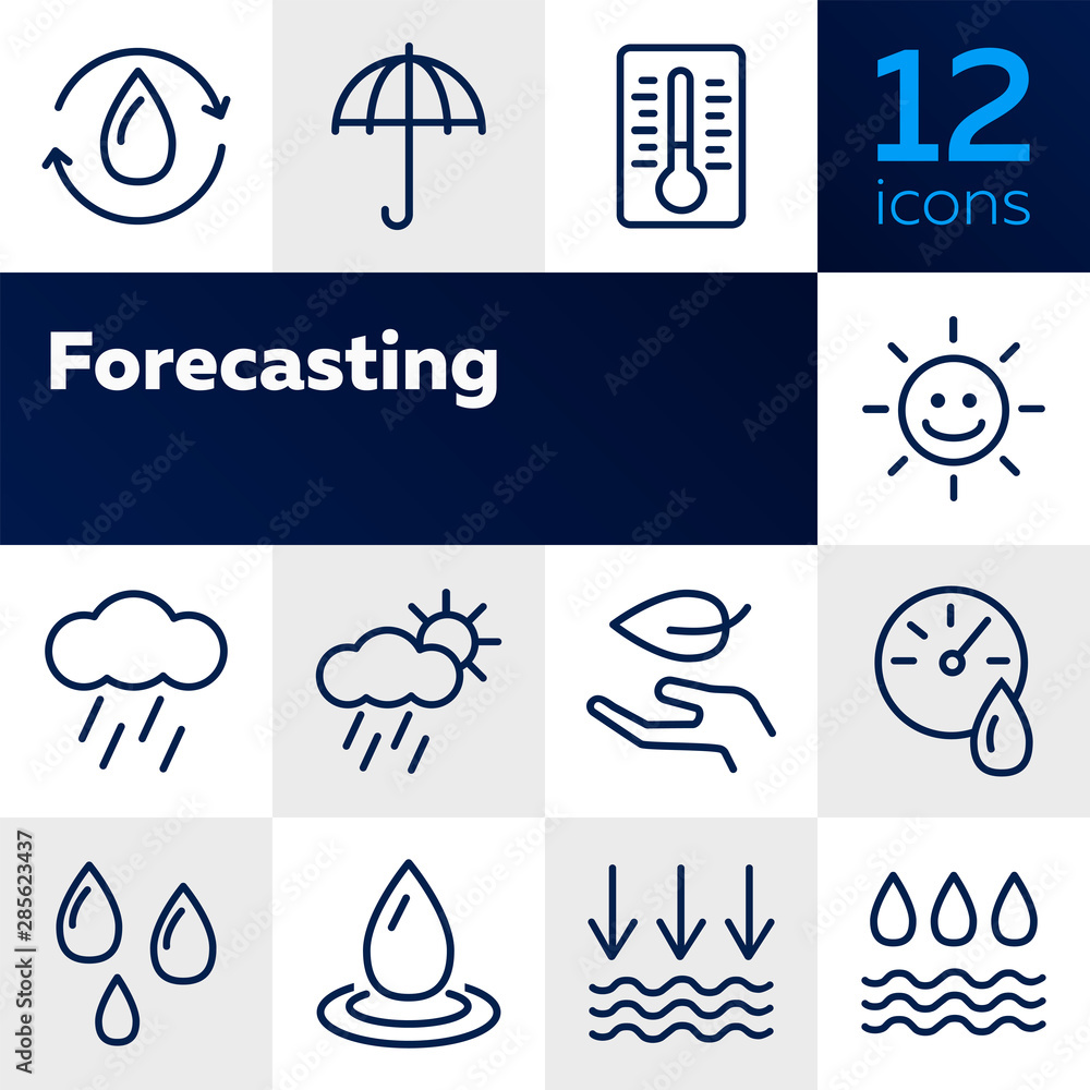 Poster forecasting line icon set. set of line icons on white background. environment concept. rain, cloud, 