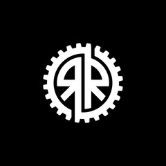 Naklejka premium Initial letter R and R, RR, interlock cogwheel gear monogram logo, white color on black background
