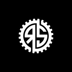 Initial letter R and S, RS, interlock cogwheel gear monogram logo, white color on black background
