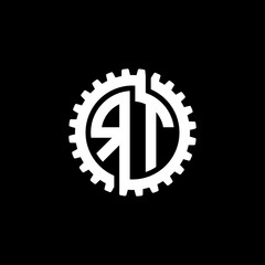 Initial letter R and T, RT, interlock cogwheel gear monogram logo, white color on black background