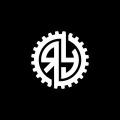 Naklejka premium Initial letter R and Y, RY, interlock cogwheel gear monogram logo, white color on black background