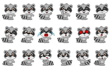 Big set of funny raccoon in cartoon style in different standing poses and emotions isolated on white background