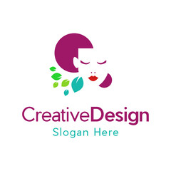 Organic Beauty Product Natural Skin Hair Care Girl Face Leaf Logo, beauty Natural women face logo design inspiration