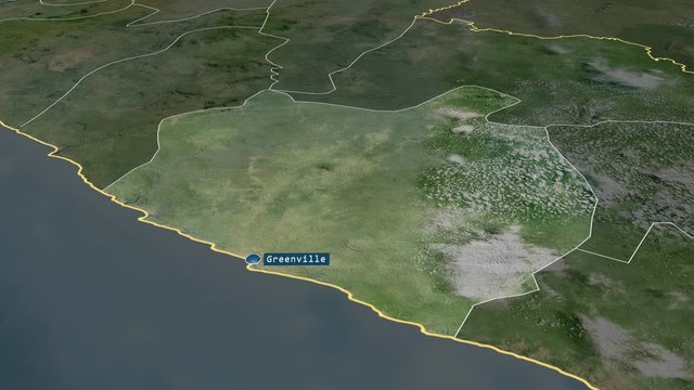 Sinoe - county of Liberia with its capital zoomed on the satellite map of the globe. Animation 3D