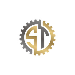 Initial letter S and T, ST, interlock cogwheel gear logo, black gold on white background