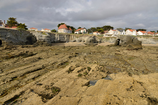 Rocky coast at Préfailles, a commune in the Loire-Atlantique department in western France.