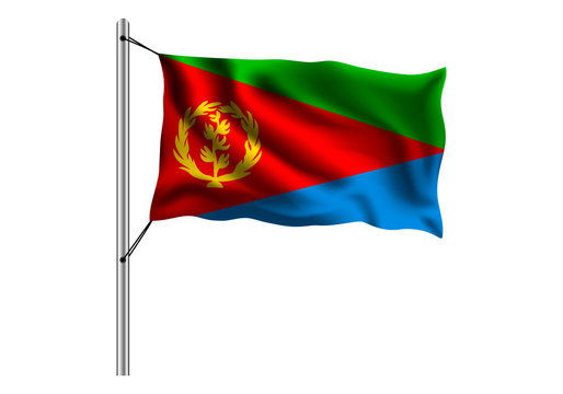 Waving Eritrean flag on flagpole on isolated background, flag of Eritrea, vector illustration