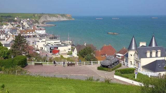 Establishing of the French d-day coastal town of Arromanches, Normandy.