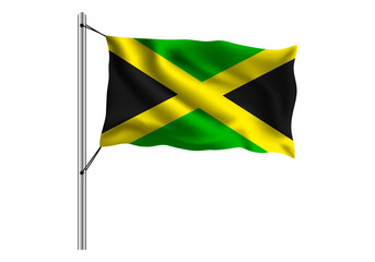 Waving Jamaican flag on flagpole on isolated background, flag of Jamaica, vector illustration