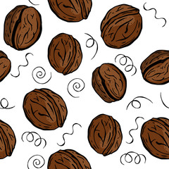 Walnut. Seamless pattern with walnuts. Background for packing. Vector.