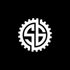 Initial letter S and G, SG, interlock cogwheel gear monogram logo, white color on black background