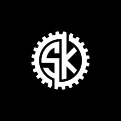Initial letter S and K, SK, interlock cogwheel gear monogram logo, white color on black background