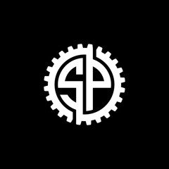 Initial letter S and P, SP, interlock cogwheel gear monogram logo, white color on black background
