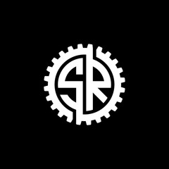 Initial letter S and R, SR, interlock cogwheel gear monogram logo, white color on black background
