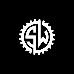 Initial letter S and W, SW, interlock cogwheel gear monogram logo, white color on black background