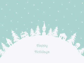 Christmas background. Winter village. Fairy tale winter landscape. There are white houses and fir trees on a turquoise background in the image. There is a text Happy Holidays here. Vector illustration