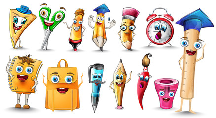 School supplies Cartoon characters set collection Vector watercolor. Notebook pen and ruler funny characters illustration watercolor styles