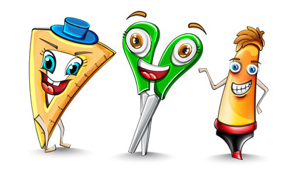 School supplies Cartoon characters set collection Vector watercolor. Ruler and scissors funny characters illustration watercolor styles