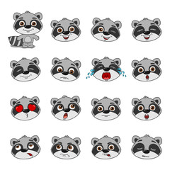 Big set of heads with expressions of emotions of funny little raccoon in cartoon style isolated on white background - 285630084