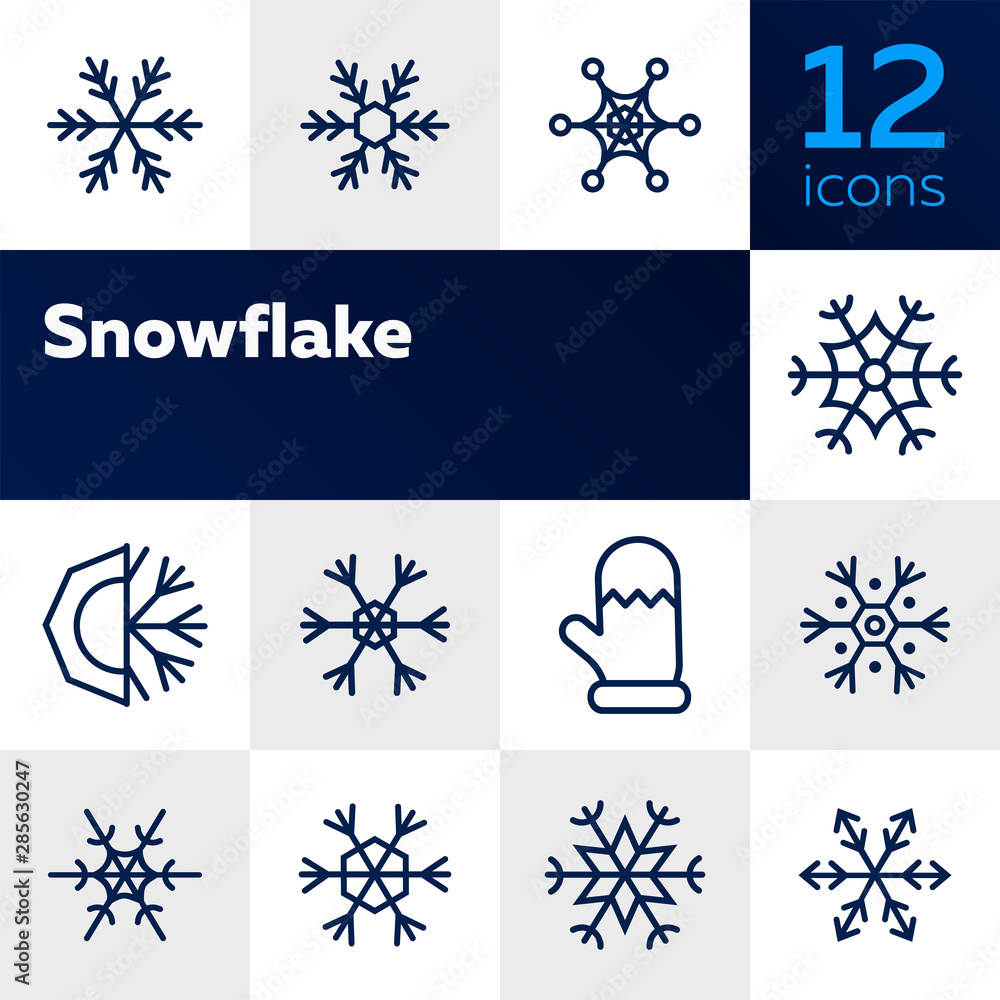 Fototapete snowflake line icon set. set of line icons on white background. snowflake, frosted pattern, mitten. 