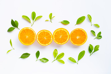 High vitamin C, Juicy and sweet. Fresh orange fruit with green leaves  on white.