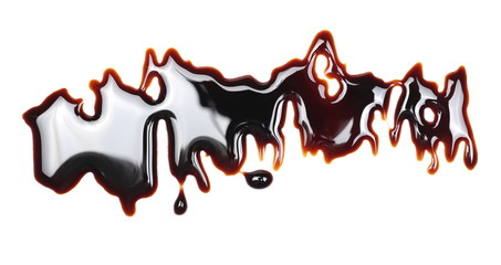 Spilled soy sauce, isolated on white background, top view