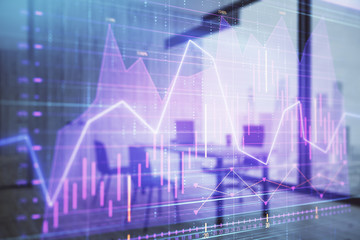 Business theme graph hologram with minimalistic cabinet interior background. Double exposure. Stock market concept.