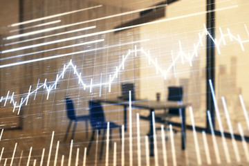 Business theme graph hologram with minimalistic cabinet interior background. Double exposure. Stock market concept.
