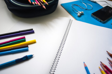 School and office accessories on a white background, back to school concept