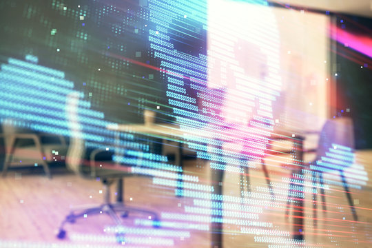 Cyber piracy hologram with minimalistic cabinet interior background. Double exposure. Hacking concept.