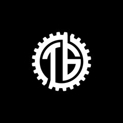 Initial letter T and G, TG, interlock cogwheel gear monogram logo, white color on black background