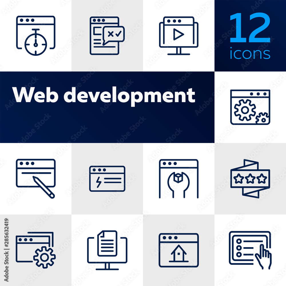 Poster web development icons. set of line icons on white background. homepage, setting folder, webinar. com