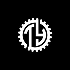 Initial letter T and Y, TY, interlock cogwheel gear monogram logo, white color on black background