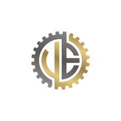 Initial letter U and E, V and E, UE, VE, interlock cogwheel gear logo, black gold on white background
