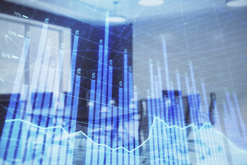 Double exposure of forex chart on conference room background. Concept of stock market analysis