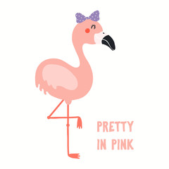 Hand drawn vector illustration of a cute funny flamingo with a ribbon, with quote Pretty in Pink. Isolated objects on white background. Flat style design. Color drawing. Concept for children print.