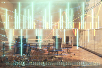 Multi exposure of stock market graph on conference room background. Concept of financial analysis