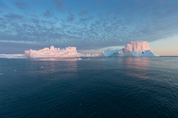 Huge icebergs of different forms in the Disko Bay, West Greenland. Their source is by the...