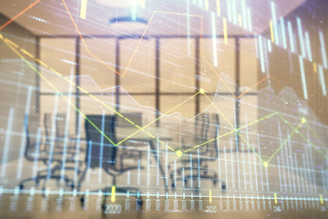 Multi exposure of stock market graph on conference room background. Concept of financial analysis