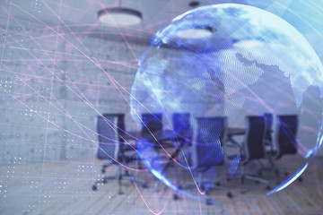 Double exposure of globe hologram on conference room background. Concept of international business